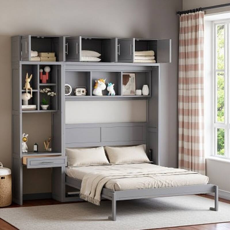 Queen Size Solid Wood Murphy Bed with Built-In Desk, Cabinets & Shelves, Foldable Wall Bed, Multifunctional Storage - Queen Gray - Queen