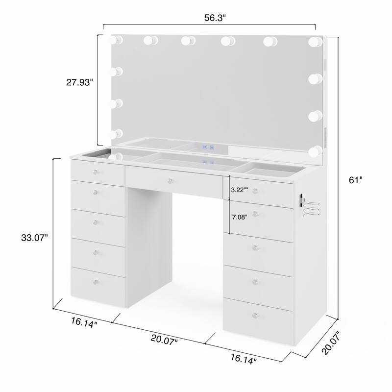 Boahaus Elle Makeup Vanity with Bluetooth Speaker, 12 Lights, and 11 Drawers