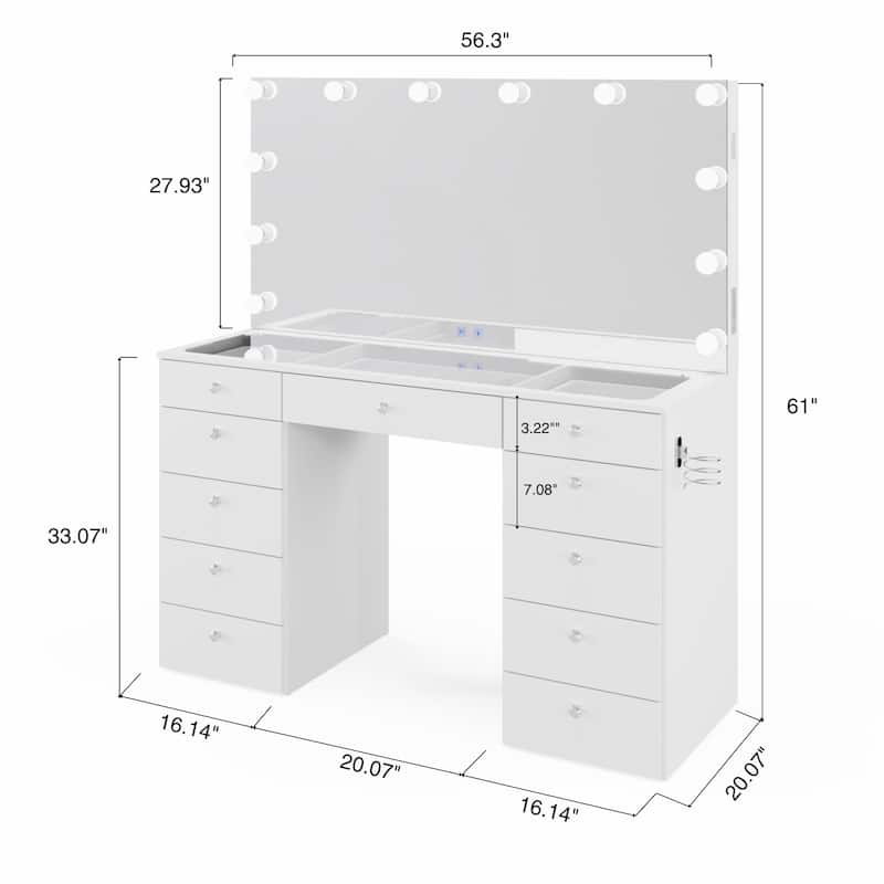 Makeup Vanity Desk, Glass Top, 12 LED Lights BT Speakers & 11 Drawers