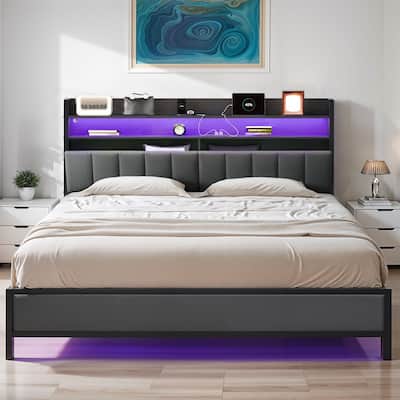 LED Bed Frame with Storage Headboard and Charging Station