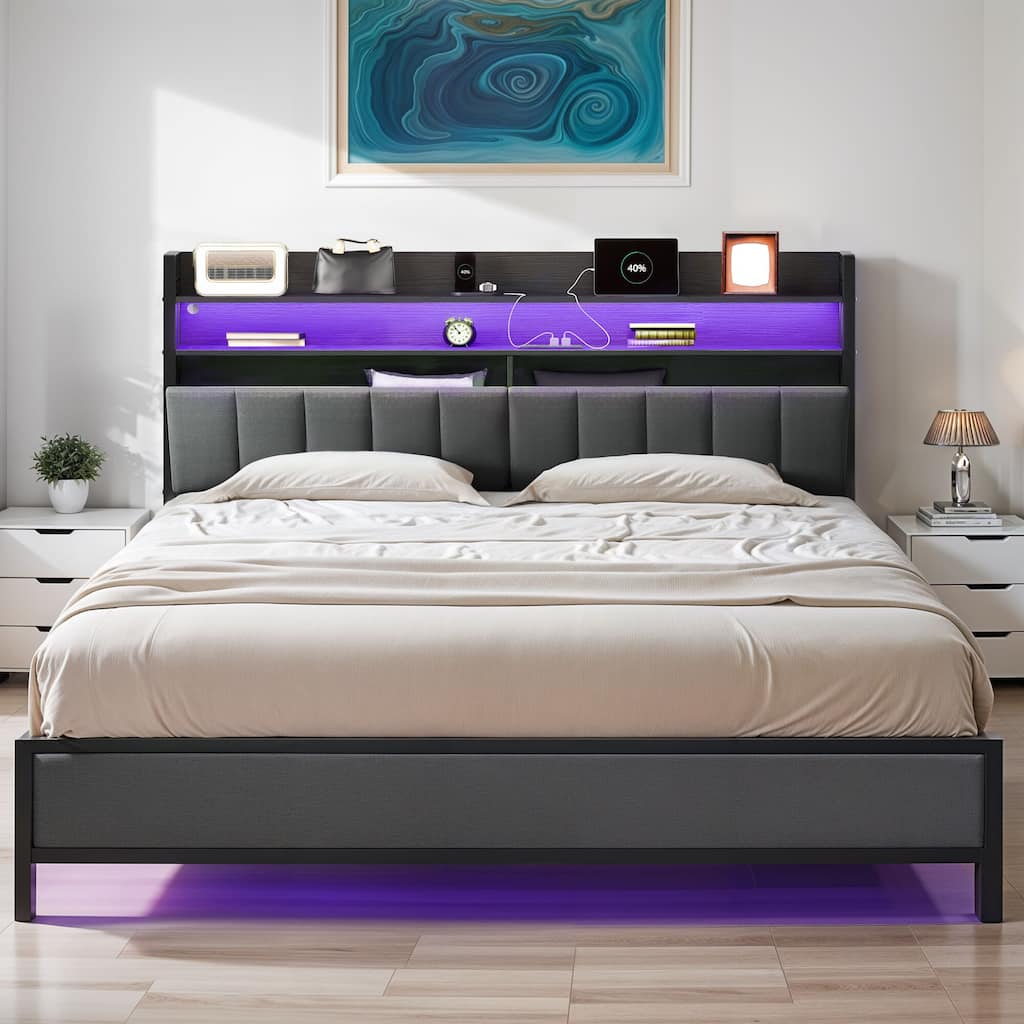 LED Bed Frame with Storage Headboard and Charging Station