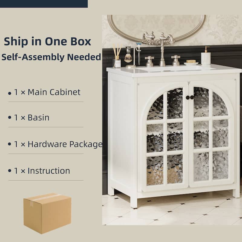 31" Farmhouse Bathroom Vanity with Ceramic Sink, Vintage Rustic Cabinet, Soft-Close Doors, Bronze Pulls