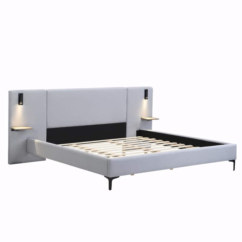 Chic Bouclé Upholstered Bed with Integrated Lighting and Shelves