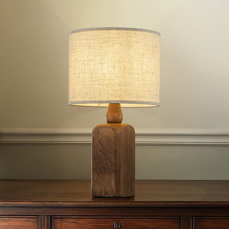 Farmhouse Traditional Natural Brown Solid Wood Base Table Lamp with Beige Fabric Shade for Bedroom Living Room（Set of 2)