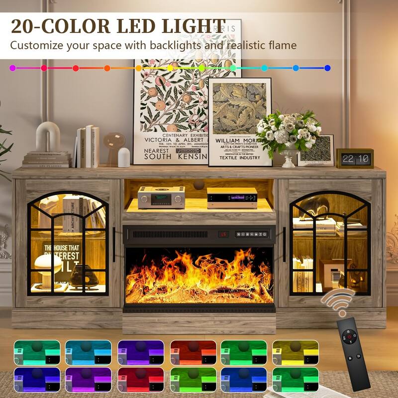 Waleaf 60" Fireplace TV Stand with 3-Sided Glass Fireplace, Farmhouse Entertainment Center Modern Console