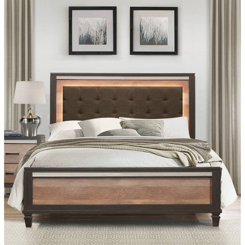 Modern Rustic Style Queen Bed Upholstered Headboard with LED Light - Queen - Brown