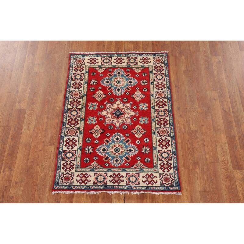 Red Kazak Oriental Accent Rug Handmade Geometric Foyer Wool Carpet - 2'10" x 3'11"