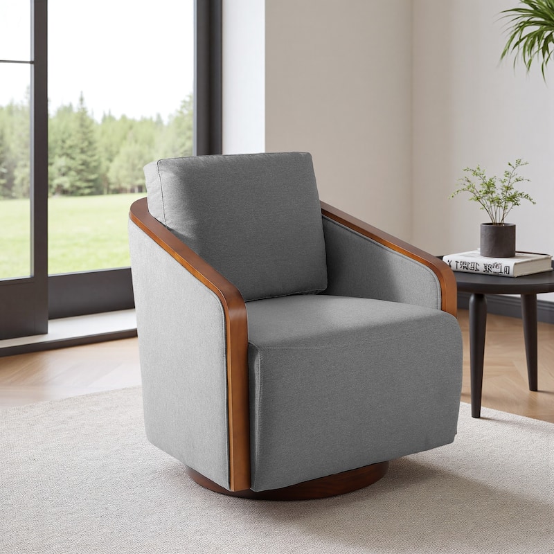 Upholstered Swivel Barrel Chair with Curved Wood Arms