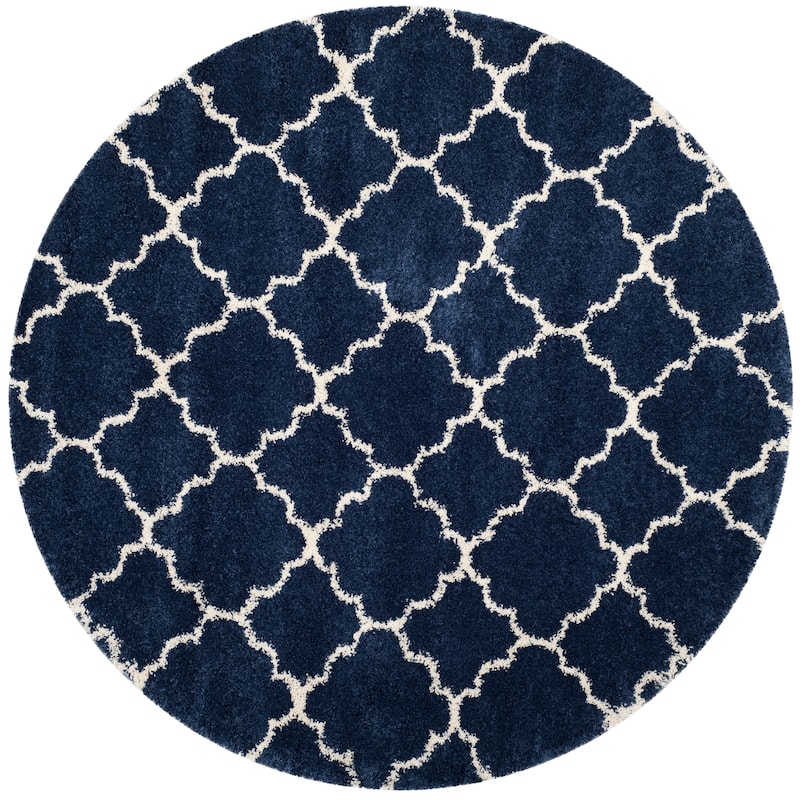 SAFAVIEH Hudson Shag Jeryl Glam Trellis 2-inch Area Rug - 9' Round - Navy/Ivory