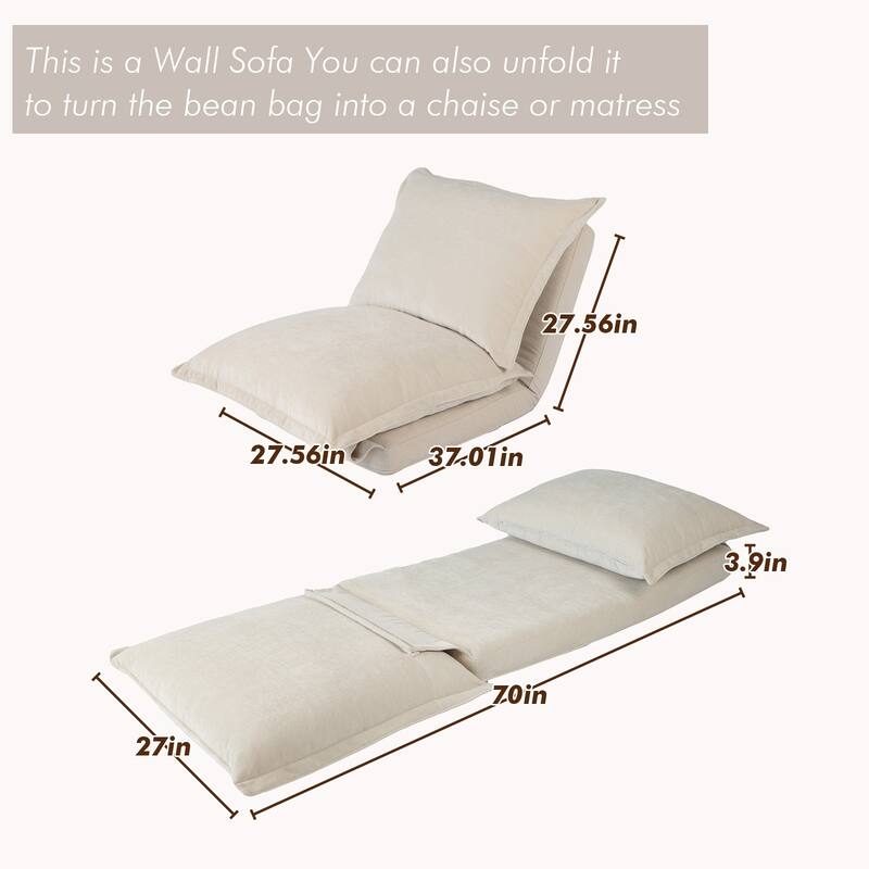 Chenille Upholstered Convertible Flip Comfy Bean Bag Lazy Sofa with Adjustable Backrest for Living Room