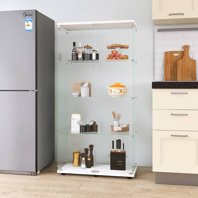 4-Shelves Glass Display Cabinet with 2 Doors, Floor Standing Curio Bookshelf, for Living Room Bedroom Study or Collection Room