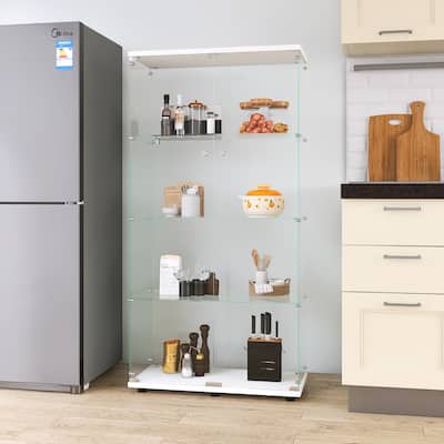 Floor Standing Curio Bookshelf for Living Room Bedroom Office,Two door Glass Display Cabinet 4 Shelves with Door