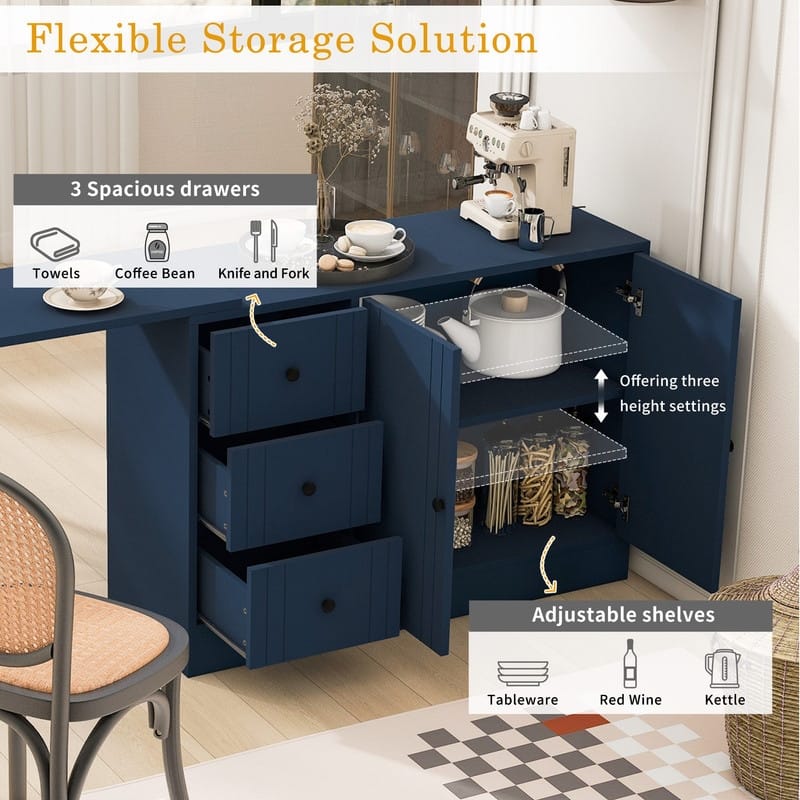 Multifunctional 89.7" Wooden Sideboard with Extendable Table and Storage for Living Room Organization