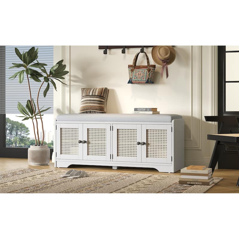 Rustic Entryway Shoe Bench with Removable Cushion - Beige,White
