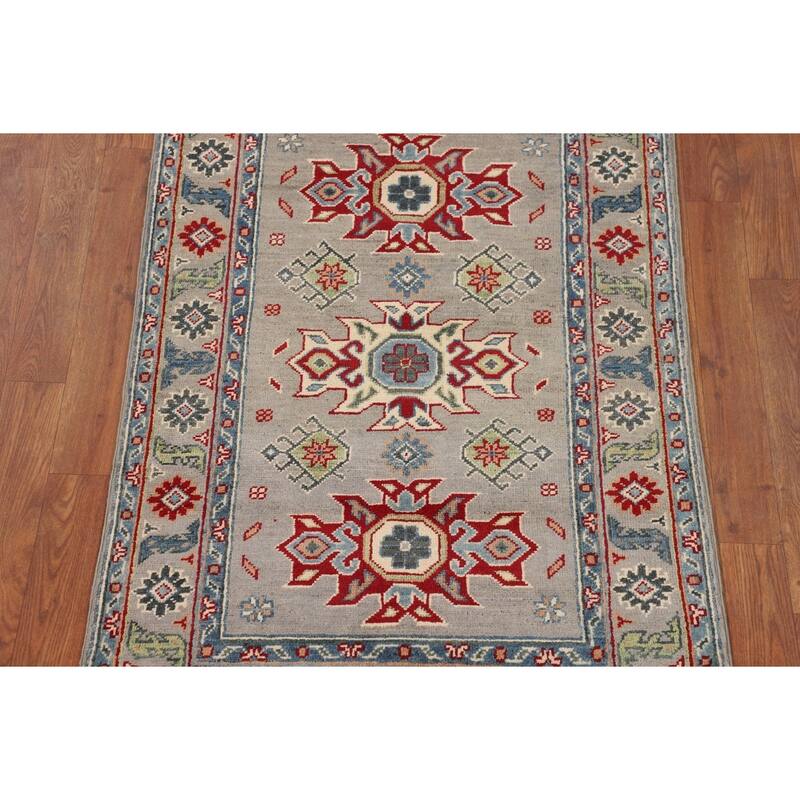 Gray Geometric Kazak Oriental Accent Rug Bedroom Handmade Wool Carpet - 2'8" x 4'2"