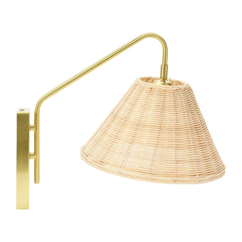Rattan and Metal Wall Sconce - 17.5"L x 11.8"W x 14.4"H - Brushed Brass