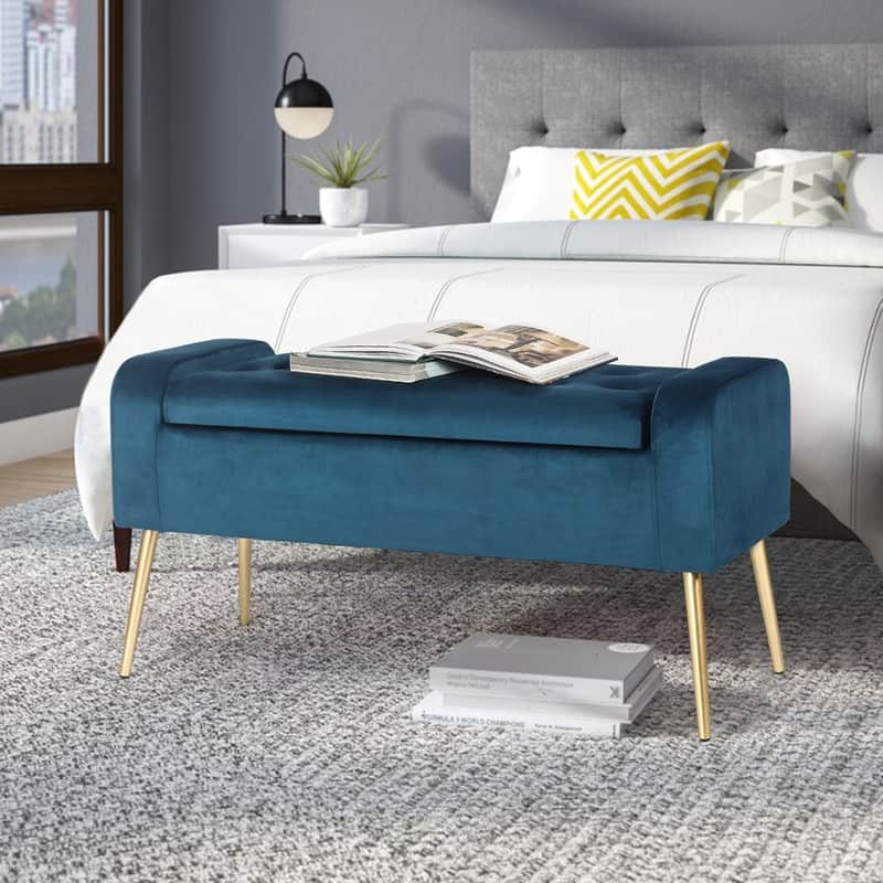 Adeco Upholstered Storage Ottoman Entryway Bench with Metal Legs - Blue-Velvet