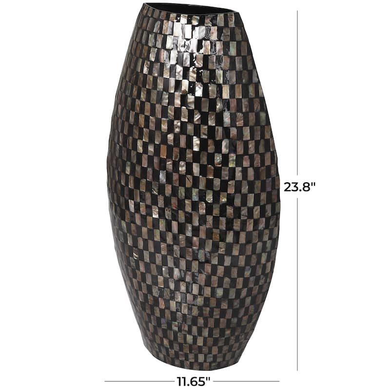 Mother of Pearl Shell Handmade Geometric Mosaic Inspired Thin Decorative Vase - Black - Roche River Decor