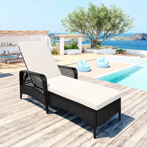Outdoor patio pool PE rattan wicker chair wicker sun lounger, Adjustable backrest, beige cushion, Black wiker