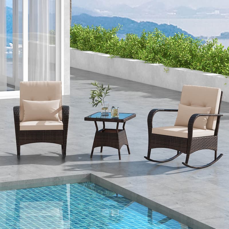 Costway 3 PCS Rocking Bistro Set with Removable Cushions & Tempered - See Details