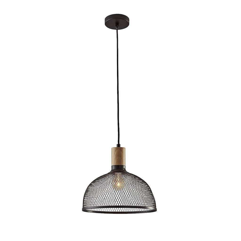 Industrial Pendant Light - Matte Black Metal Mesh Shade & Wood Accent - 72" Adjustable Cord - 10