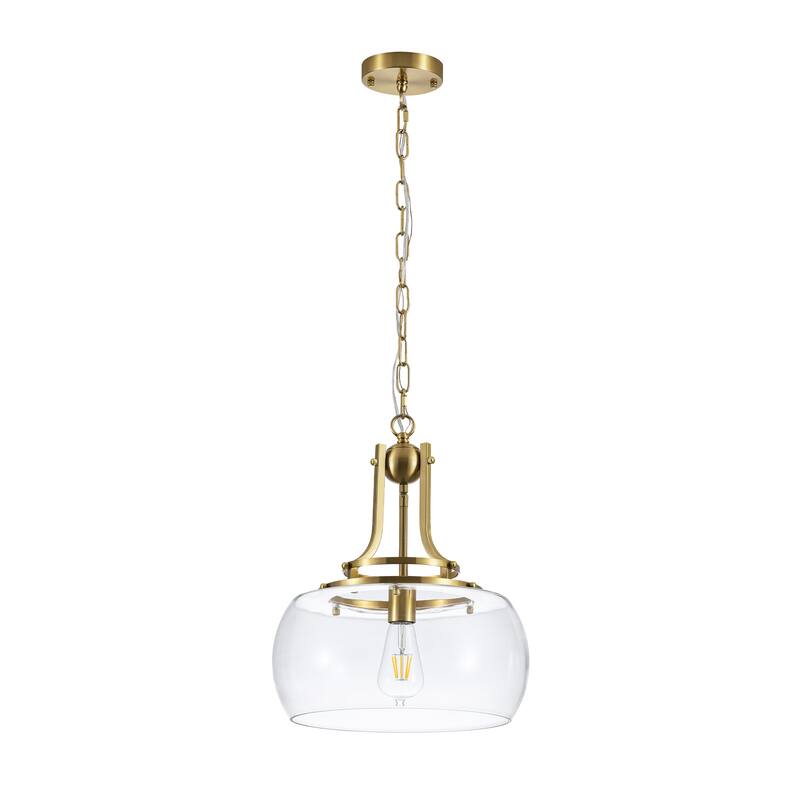 13.8" W Mid-Century Modern Rustic Gold Dome Design Ceiling Pendant with Clear Glass Shade for Dining Room, Kitchen Island, Foyer