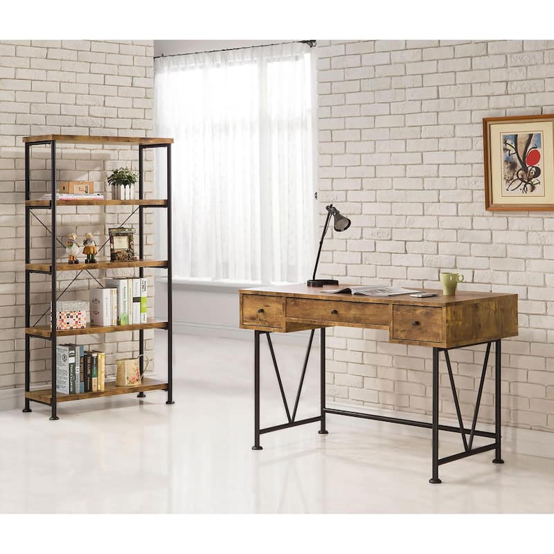 Farmhouse 3-Drawer Writing Desk with Metal Accents, Brown Wood Finish and Industrial Design for Home Office
