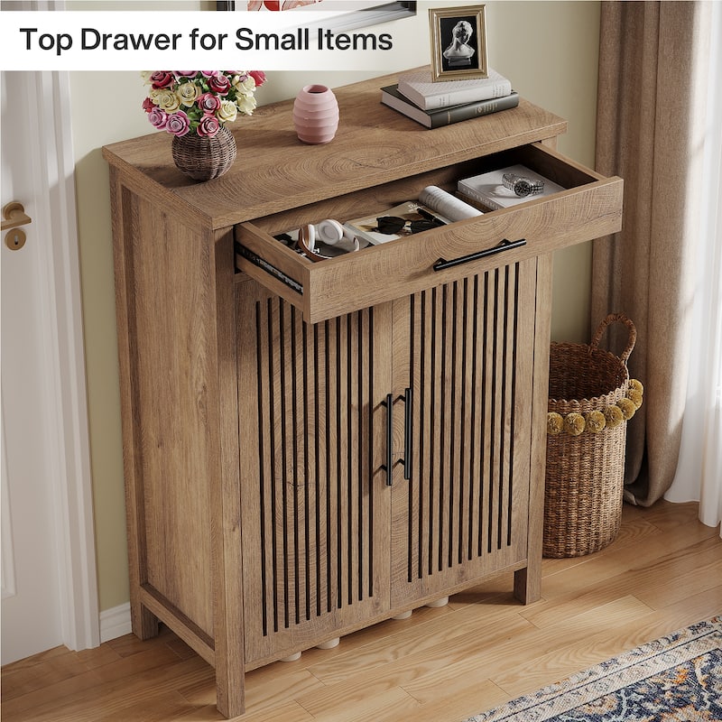 Shoe Storage Cabinet with Louvered Doors & Drawer, Wooden Shoe Rack for Closet, Entryway