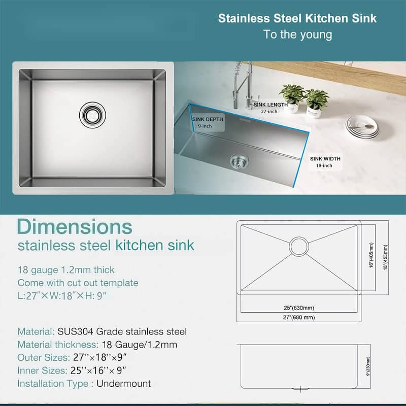 Undermount Single Bowl Stainless Steel Kitchen Sink 16 gauge-ALL SIZE