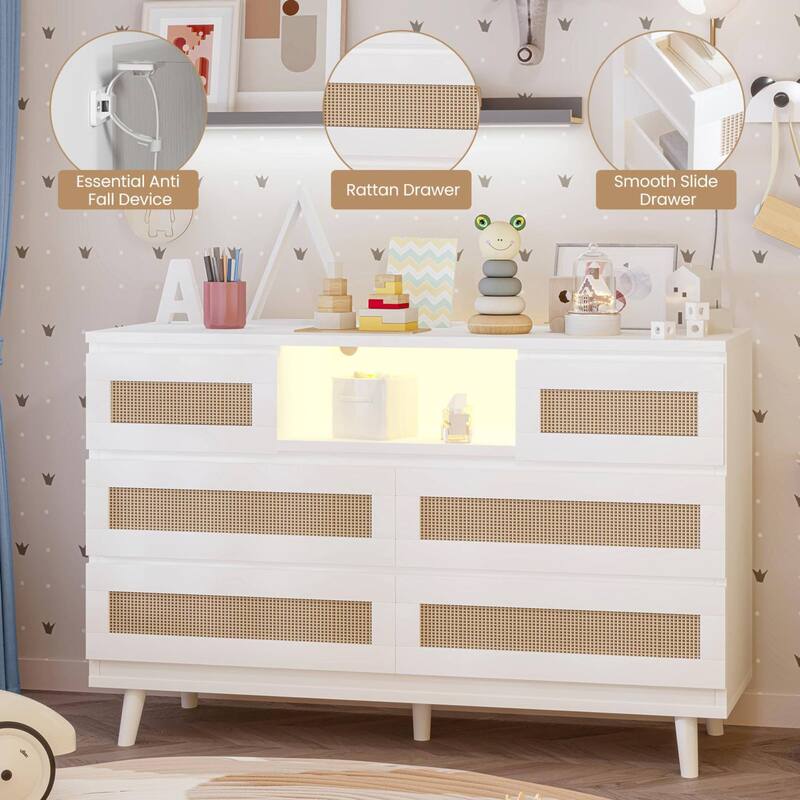 6-Drawer Rattan Dresser with LED Light & Charging Station, Modern Double Chest for Bedroom