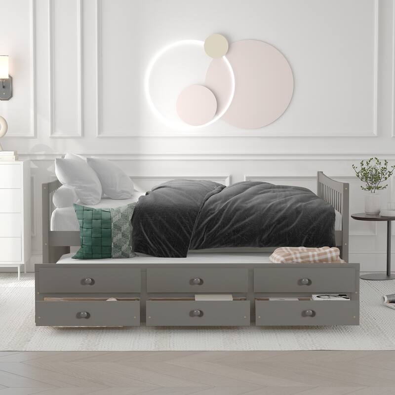 Wooden Daybed with Trundle, Drawers & Headboard