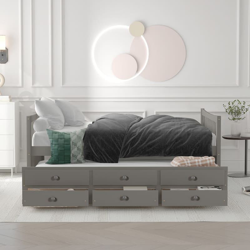 Wooden Twin/Full Daybed with Pull-Out Trundle and Storage Drawers
