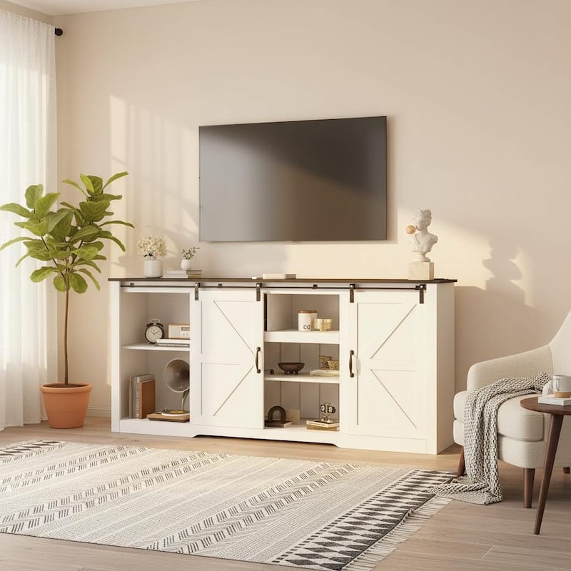 Farmhouse TV Stands, with Adjustable Shelves & Sliding Barn Door