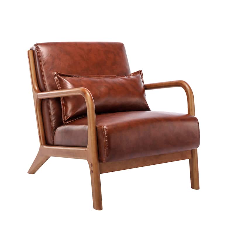 Porthos Home Joa Accent Chair with Pillow, PU Upholstery, Rubberwood Legs - Brown