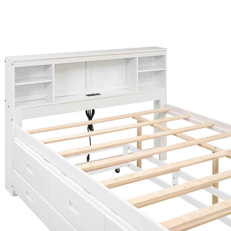 Full Platform Bed with Storage Headboard, USB Charging Port, Twin Trundle, and 3 Drawers - Space-Saving Design