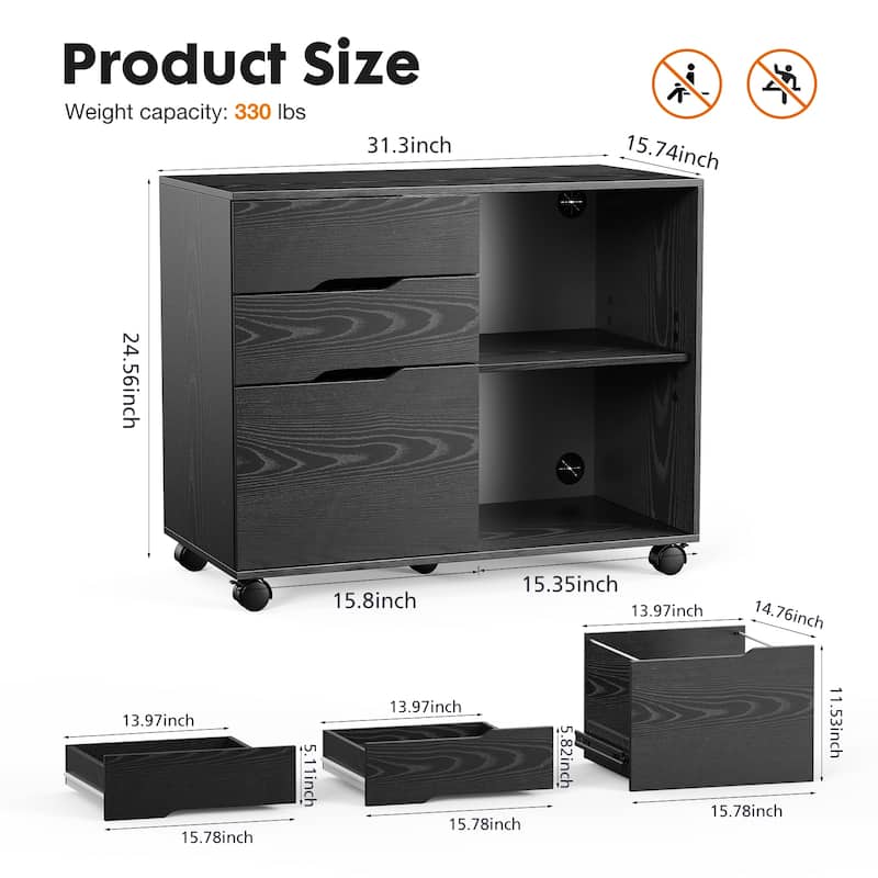 Rossetta Modern Minimalist Design 3-Drawer Mobile Rolling Lateral Multifunction File Cabinet