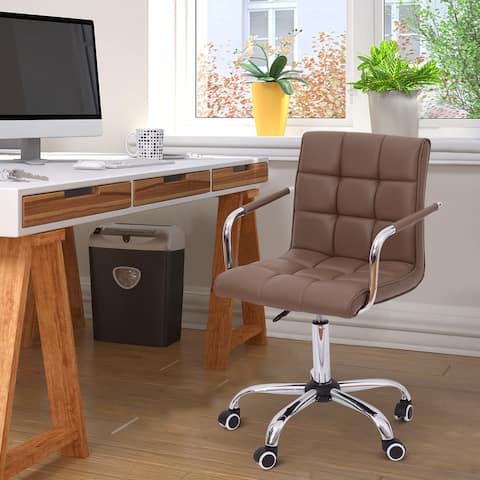 HOMCOM Modern Computer Desk Office Chair with Upholstered PU Leather, Adjustable Heights, Swivel 360 Wheels, Brown