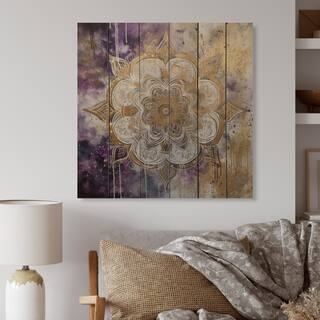 Designart "Purple And Gold Mandala I" Boho Mandala Print on Natural Pine Wood