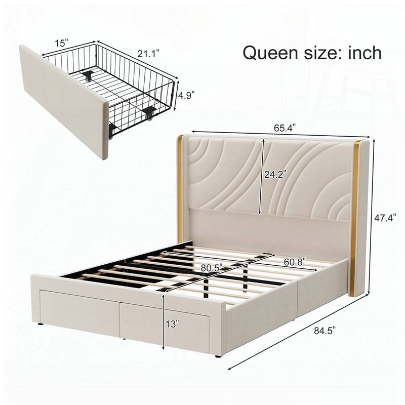 Velvet Platform Bed with Wingback Headboard and RGB Light