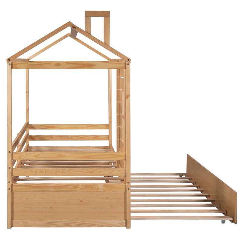 Pine Wood Twin House Bed with Pull-Out Trundle, Kid-Friendly Design and Guardrails