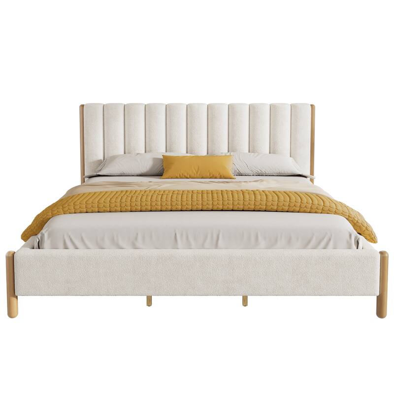 King Bed Frame, Boucle Upholstered Thick Headboard, Sturdy Wooden Legs, White