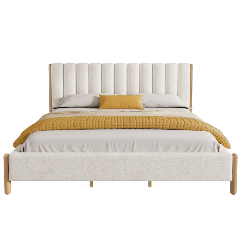 Versatile Upholstered Platform Bed with Solid Wood Legs, Queen/King Size Boucle Fabric Bed Frame with Vertical Stripes Headboard