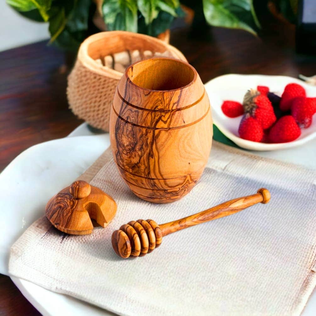 Olive Wood Honey Pot with Dipper Spoon, Handmade, Natural Finish