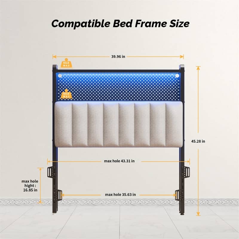Adjustable Upholstered Headboard with 2 Tier Shelves with Charging Stations and LED Lights, Modern Bed Headboard with Storage