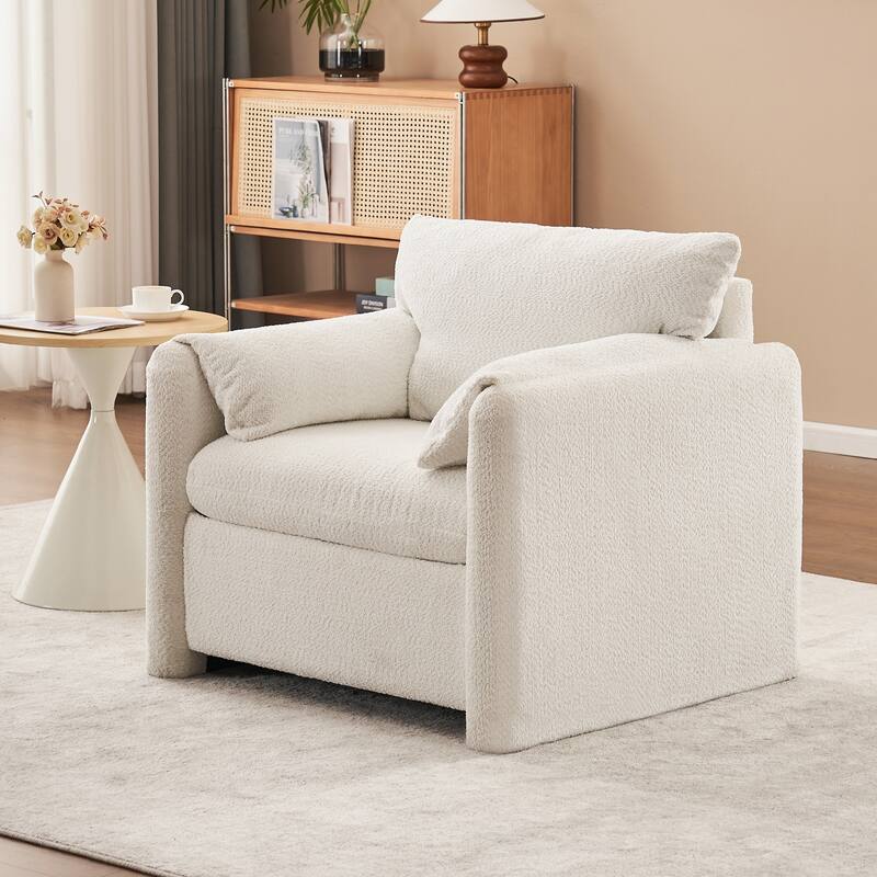Fixed-Modern Accent Chair - Plush Chenille Single Seater in Ivory White