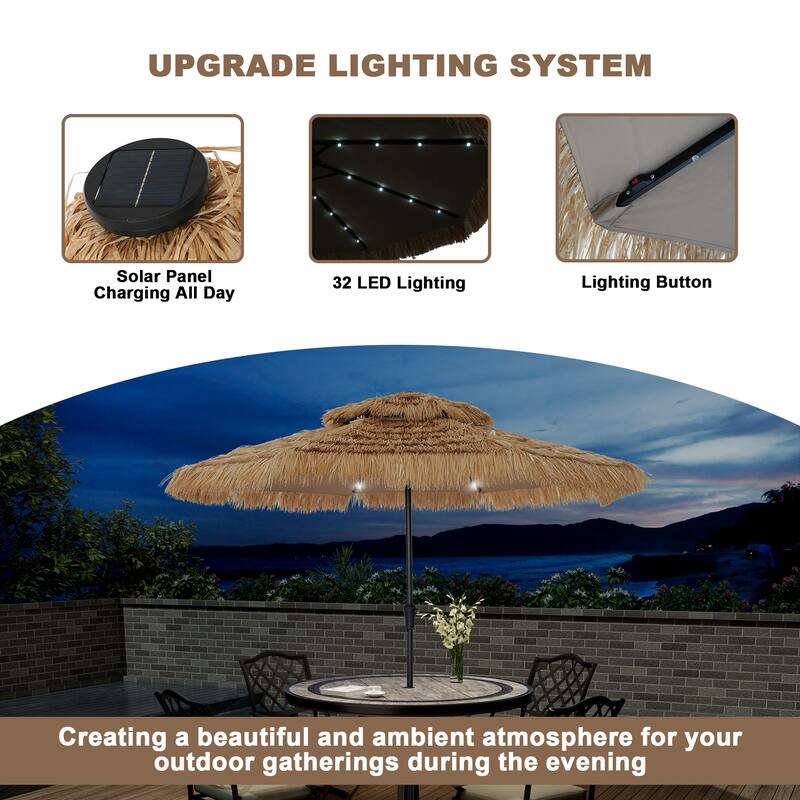 Clihome 9FT Patio 2-Top Hawaiian Style Thatch Umbrella With Lights