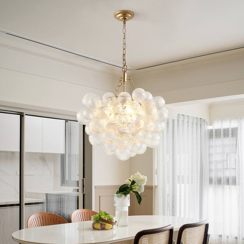 Modern Gold Pendant Light Chandelier with Threaded Clear Glass Globe Shade Adjustable Height, for Living Room, Dining Room