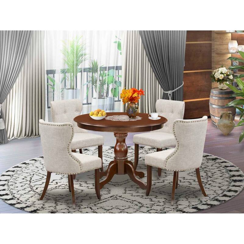 HomeStock 5-Piece Mahogany Finish Solid Wood Top Dining Table with 4 Parson Chair