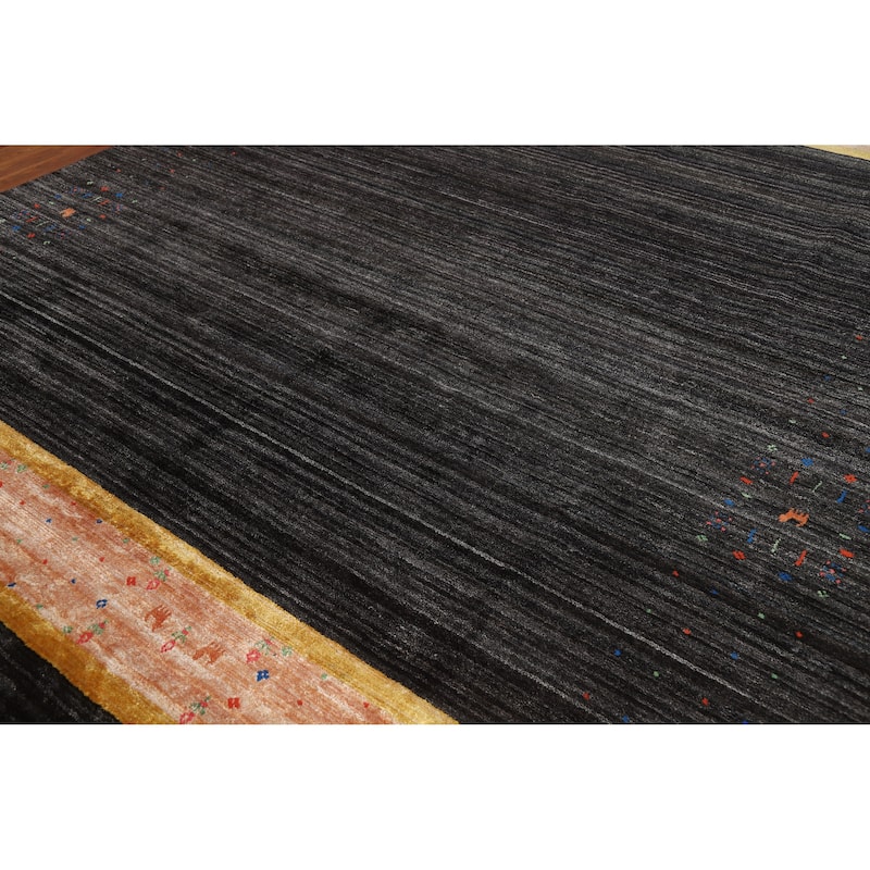 Striped Black Gabbeh Oriental Area Rug Hand-Knotted Silk Carpet - 8'2" x 9'8"