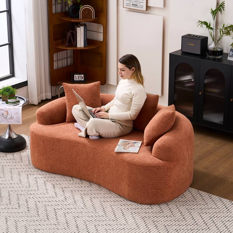 Chenille Deep Seat Loveseat Sofa, Full Compression Sponge Curved Loveseat Sofa, Cloud Floor Couch with 3 Pillows
